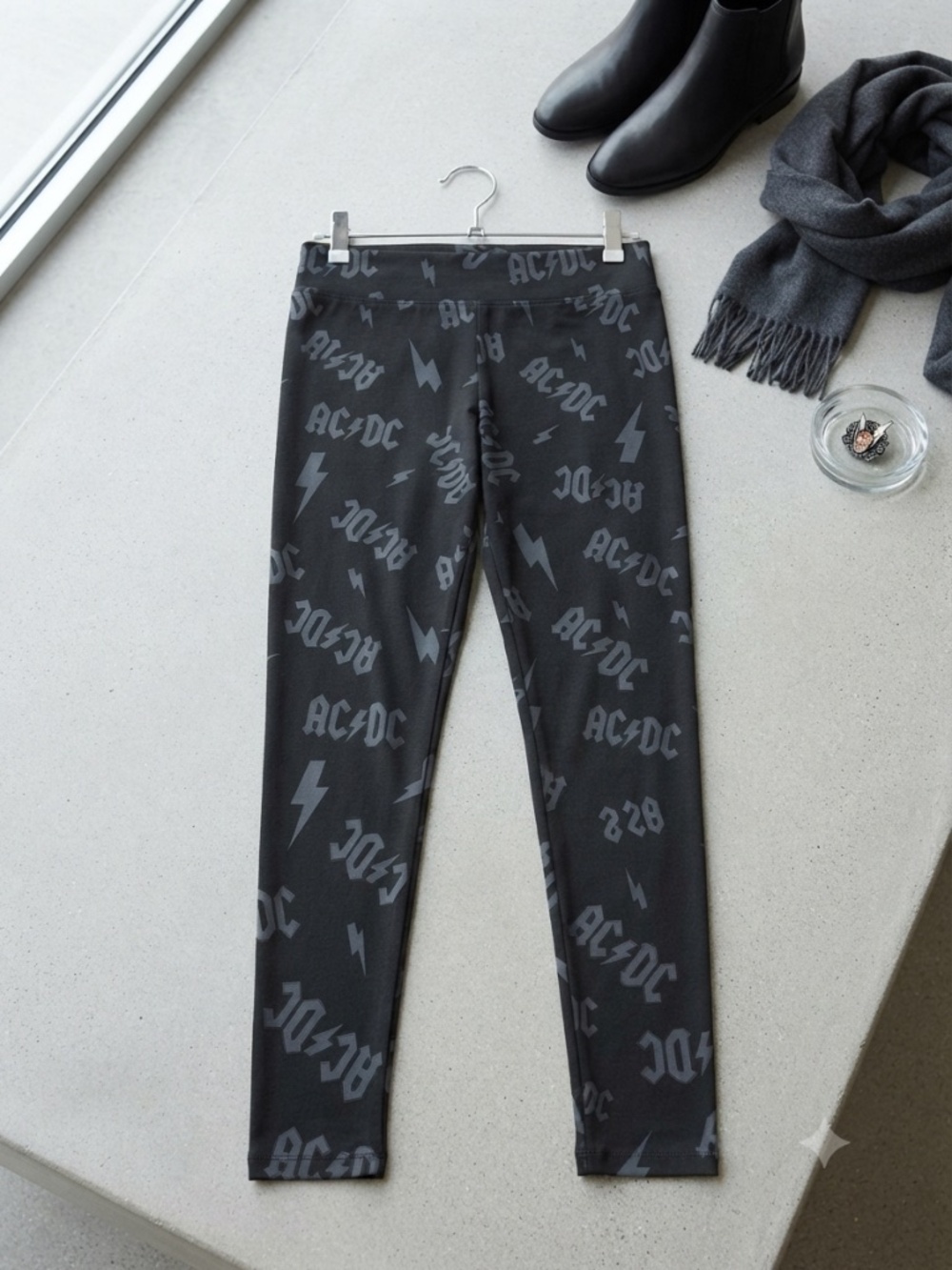 stretchy leggings AC/DC Band Logo Black Grey Lightning Bolt Print Size large L